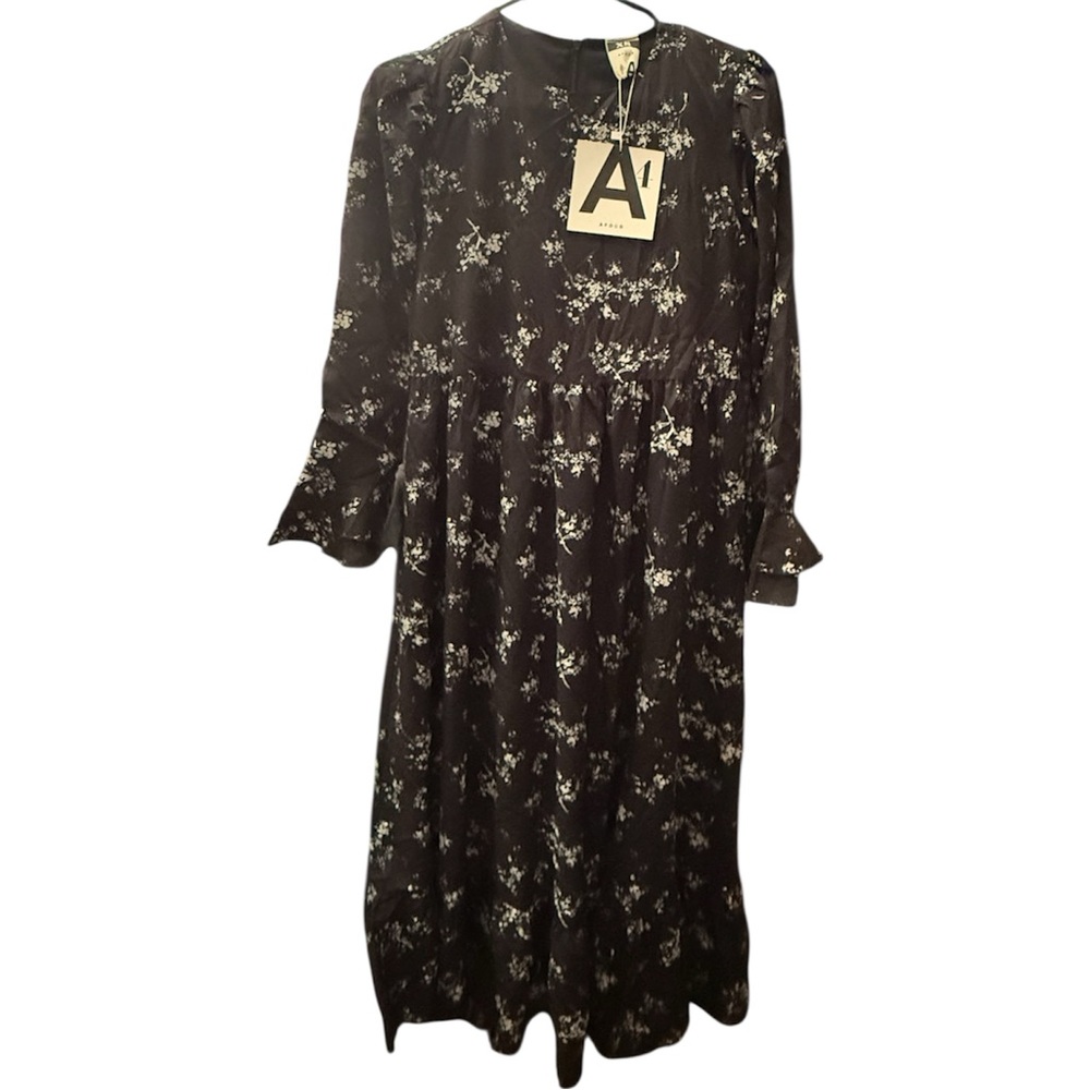 NWT A FOUR Black Floral Long Sleeve Midi Dress Kids GIRLS Sz XSmall- 14